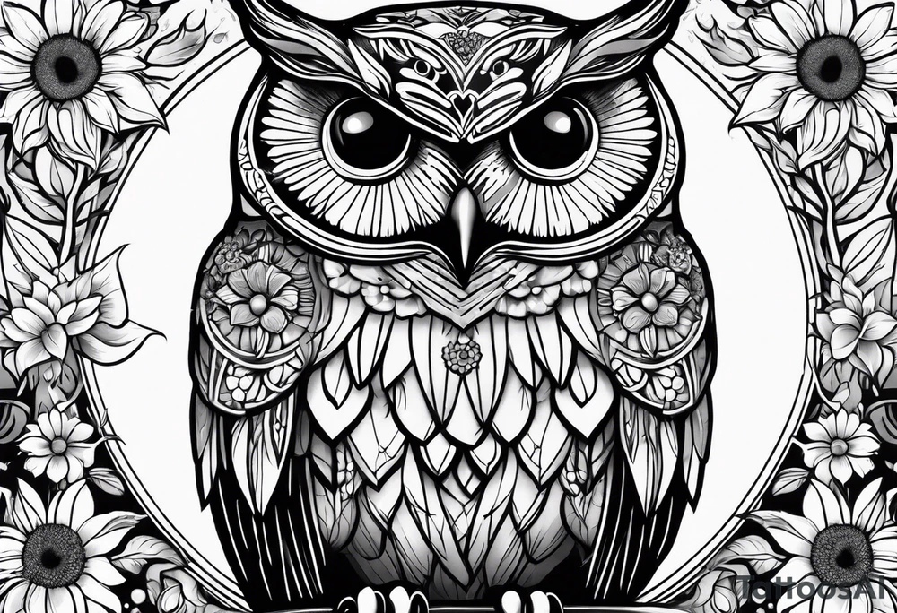 Sleeve with an owl, sunflower and butterfly tattoo idea
