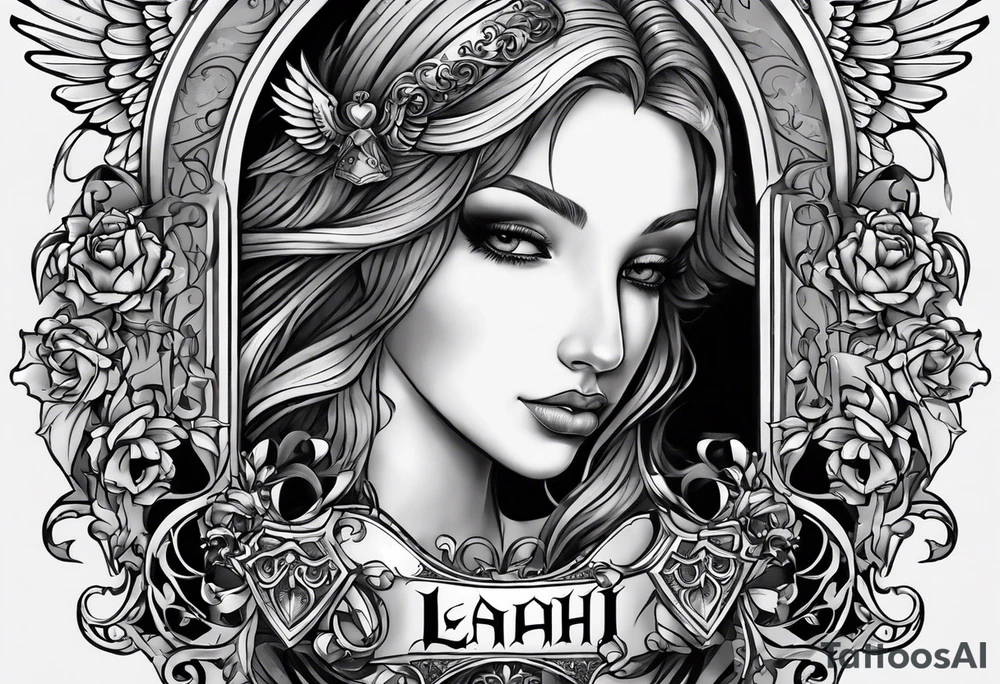 Tattoo drawing in black and grey of an angel holding a heart in both her arms, name Leah is written in gothic letters. tattoo idea