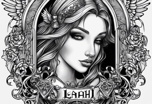 Tattoo drawing in black and grey of an angel holding a heart in both her arms, name Leah is written in gothic letters. tattoo idea