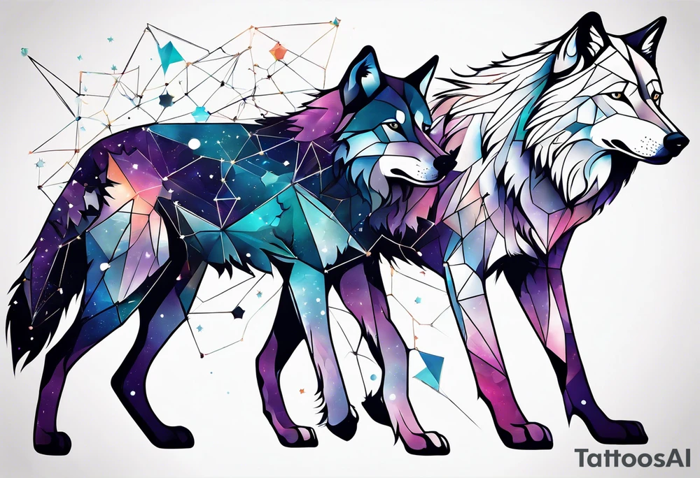 Constellation, two animal wolf, géométric tattoo idea