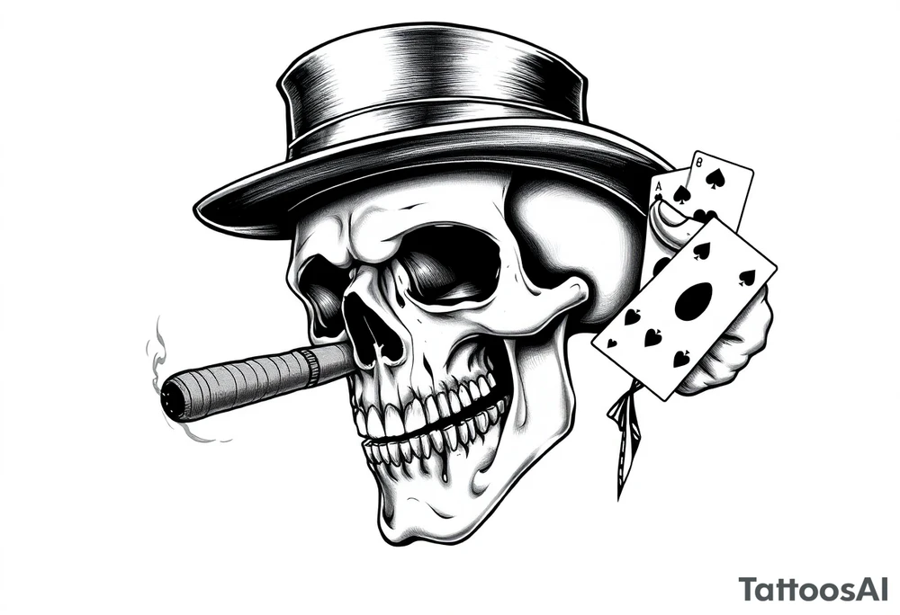 a skull with mustache, a big cigar in his mouth,top-hat on his head and playing cards in a hand. tattoo idea
