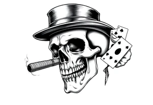a skull with mustache, a big cigar in his mouth,top-hat on his head and playing cards in a hand. tattoo idea