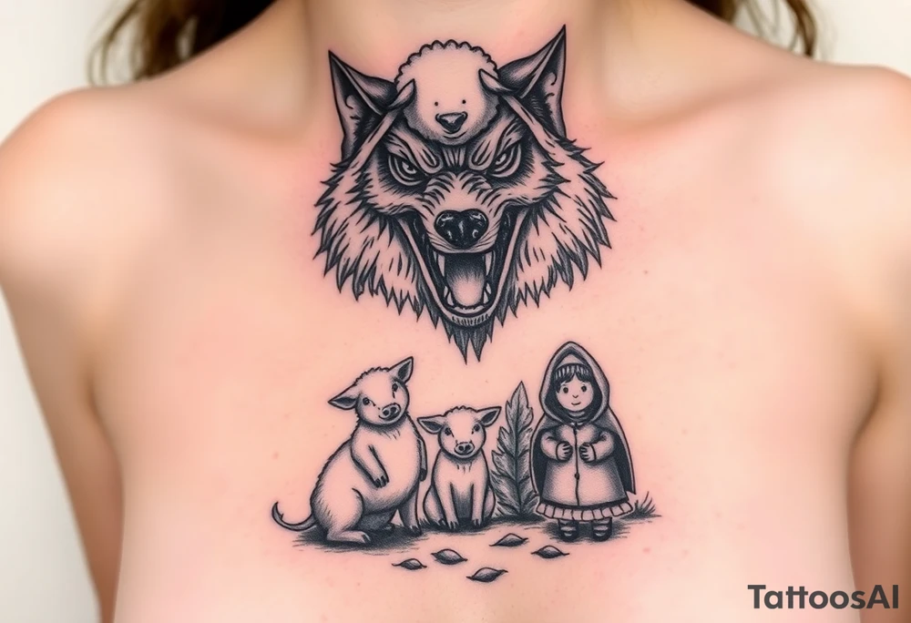 Scary Big bad wolf nursery rhyme wearing a sheep costume with sheep head as hood and eat the three little pigs and little red riding hood in the woods tattoo idea