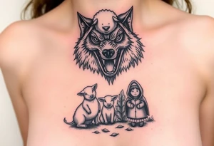 Scary Big bad wolf nursery rhyme wearing a sheep costume with sheep head as hood and eat the three little pigs and little red riding hood in the woods tattoo idea