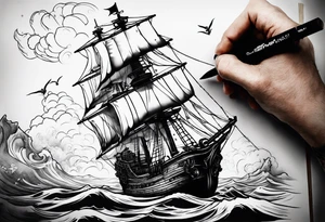 Pirat ship on the sea a sirene and a skull on fore arm tattoo idea