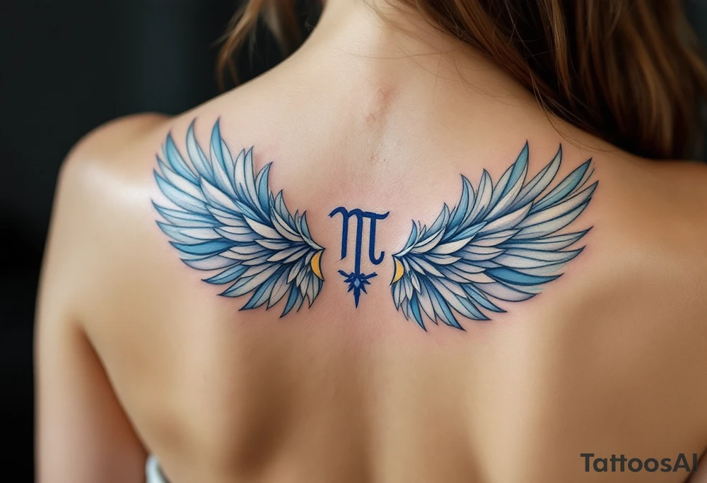 A graceful guardian angel with large feathered wings, holding a Virgo symbol close to her heart. The color palette includes light blue, silver, and soft white, symbolizing Virgo’s protective and pure energy. tattoo idea