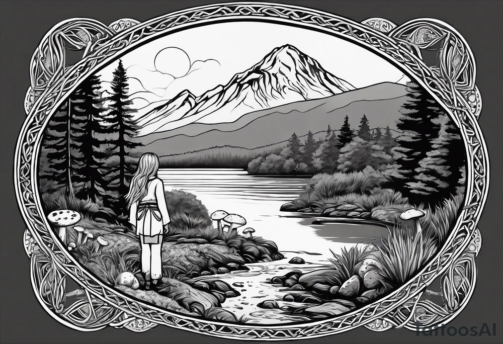 Whole picture encircled fully

Straight long blonde hair hippie girl in distance holding mushrooms in hand facing away toward mountains and creek surrounded by mushrooms long sleeve shirt and hiking pants; whole rendering within a full celtic circle border, no cut off circle tattoo idea