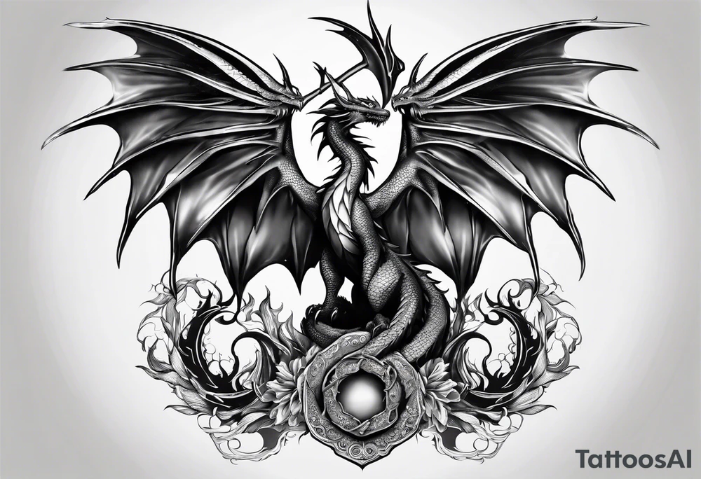 Mother dragon wings spread with 3 baby dragons tattoo idea