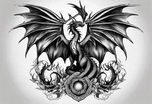 Mother dragon wings spread with 3 baby dragons tattoo idea