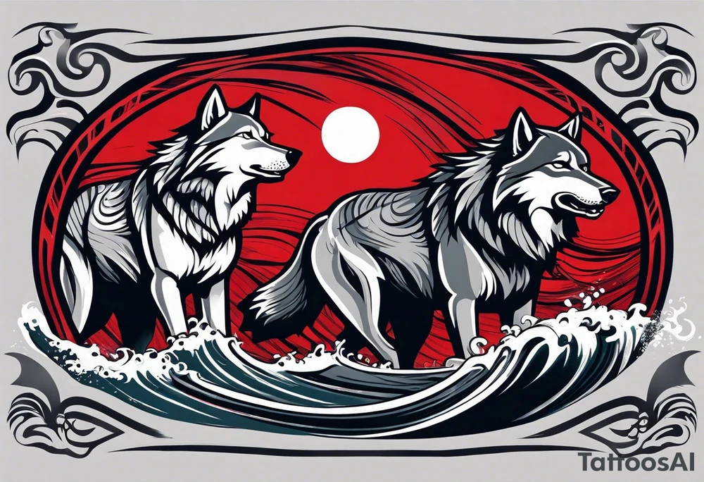 a pack of 3 howling muscular  gray wolves surfing waves with a linear background with red, white and black and gray including the word Howler in an aggressive script font tattoo idea