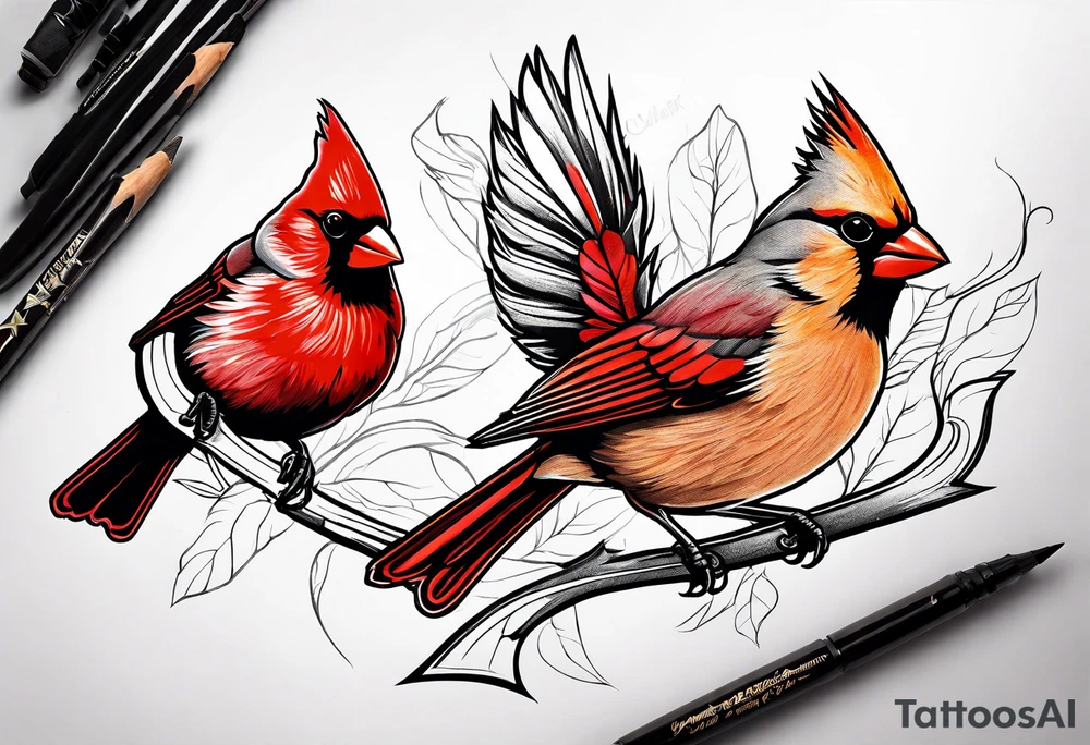 Male and female cardinal flying together tattoo idea