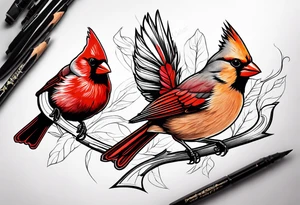 Male and female cardinal flying together tattoo idea
