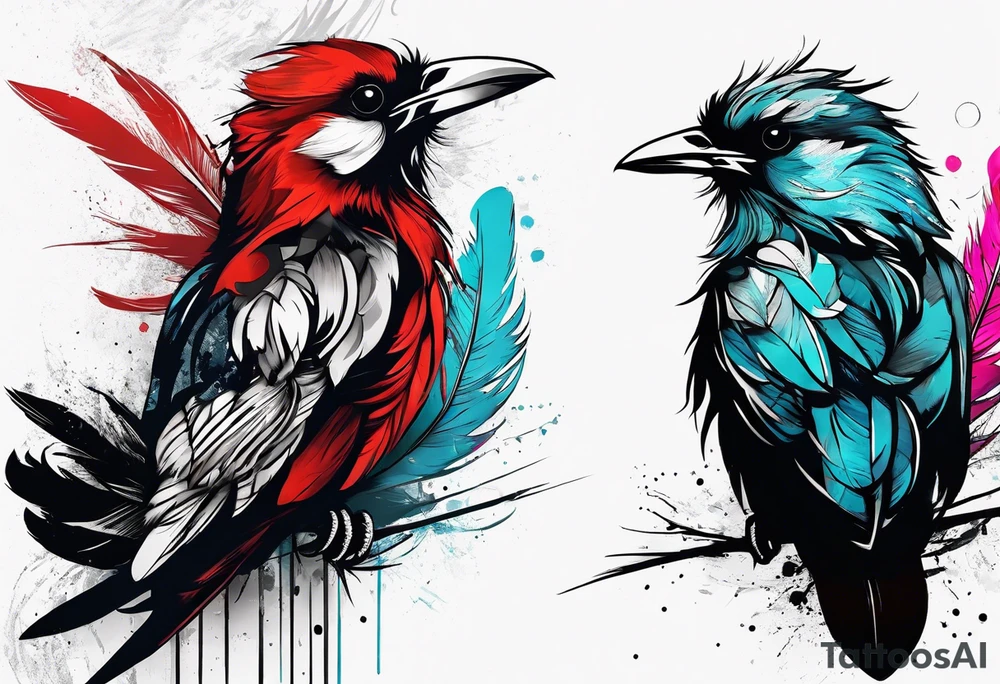 Feather turning into birds trash polka tattoo idea