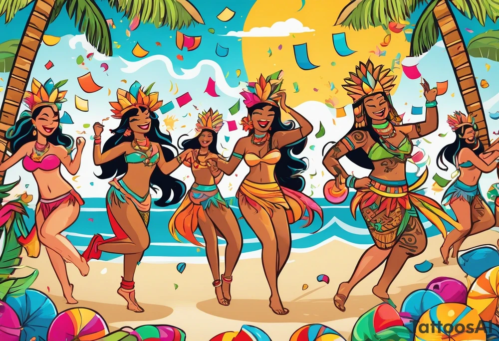 beach party scene with tiki gods and hulu girls dancing include music notes and confetti. leave a blank area in the middle of the image tattoo idea