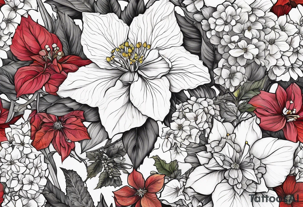 Hydrangea, Narcissus, Poinsettia, Holly, Gladiolus, Poppy, Daisy, Sweet Pea floral tattoo idea