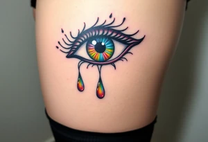 eye with rainbow tear drops tattoo idea