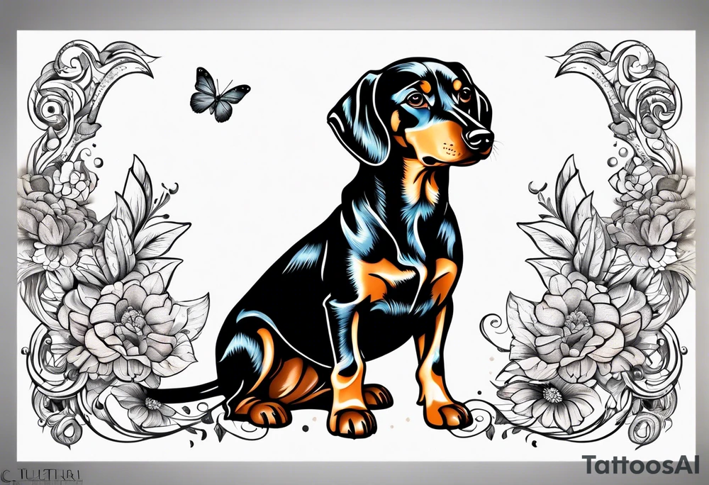 Black, brown and white dashchund tattoo idea