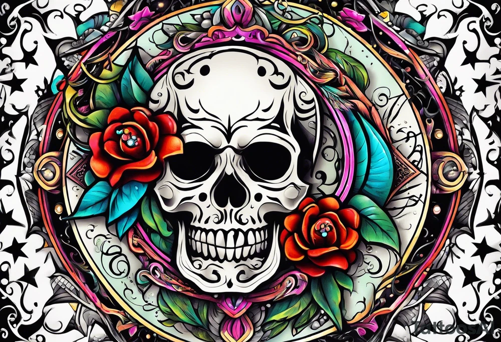 bold, colorful, includes the words "The Sweet Ink", in a circle design tattoo idea