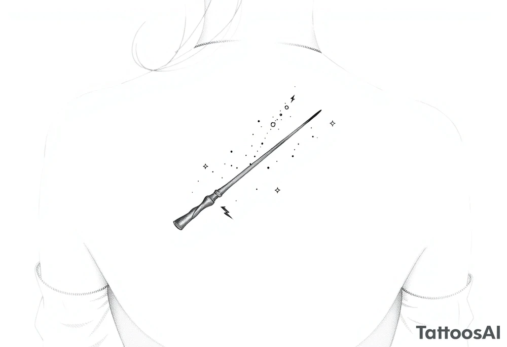 A magic wand (hermione's) with magic dust all around it and a ladybud kind of exiting the wand and somme small detail around it that would do a piggyback on harry poter like a lightning, harry's glasses, etc... tattoo idea