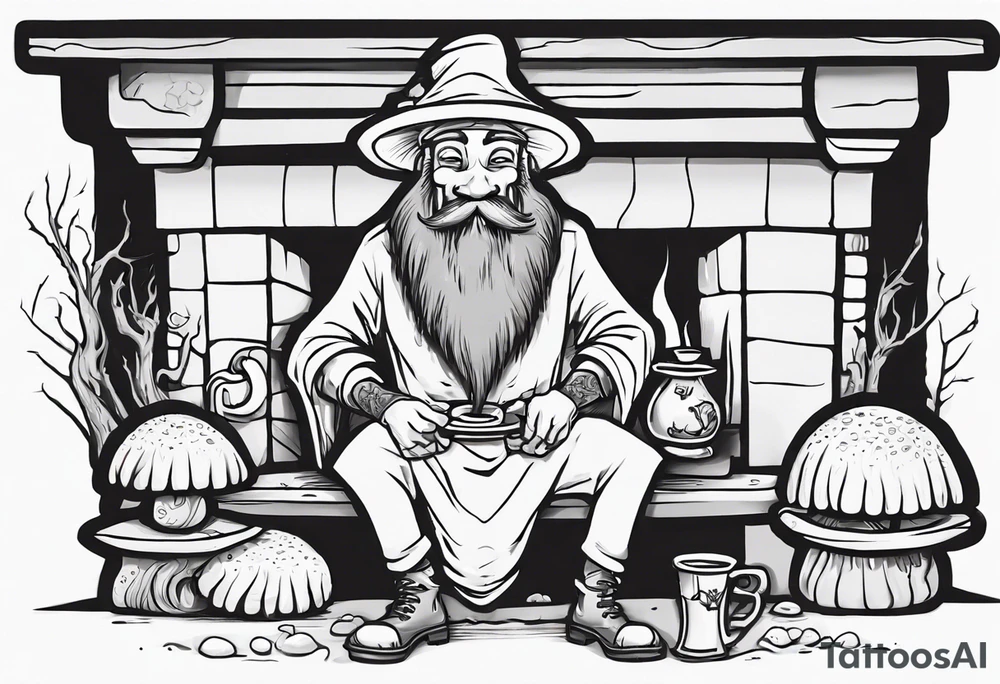 a medieval human-mushroom hybrid with a long grey beard wearing a tunic and a floppy hat sitting on a bench by a fireplace drinking from a wood cup, smiling tattoo idea