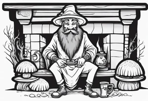 a medieval human-mushroom hybrid with a long grey beard wearing a tunic and a floppy hat sitting on a bench by a fireplace drinking from a wood cup, smiling tattoo idea