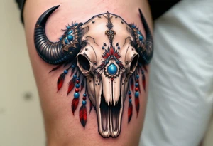 A buffalo skull in white bone with red feathers and blue beads, decorated in ceremonial style. tattoo idea