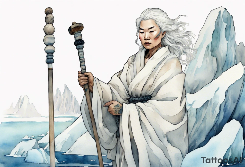 a 40 year old Inuit woman with white hair and a white robe holding a white bo staff, standing on an iceberg tattoo idea