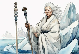 a 40 year old Inuit woman with white hair and a white robe holding a white bo staff, standing on an iceberg tattoo idea