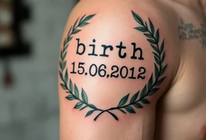 Birth date 15.06.2012 in typewriter font encased in a dusty green laurel wreath. tattoo idea