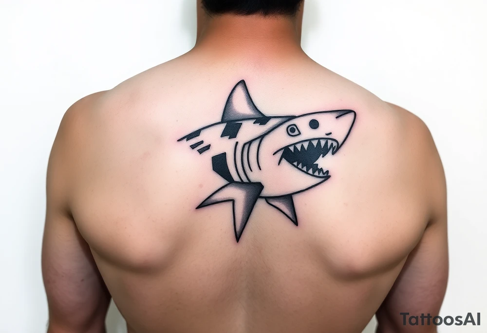 tribal hammer head shark with Rangiroa text on the back tattoo idea