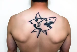 tribal hammer head shark with Rangiroa text on the back tattoo idea