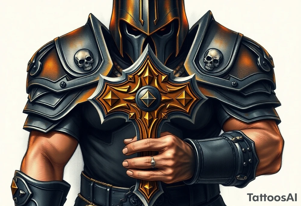 Warhammer, the Old World. A warrior priest of Sigmar holding The Warhammer of Sigmar. The Warhammer of Sigmar is radiating thunderous energy. The Warhammer is held by the warrior priest with both hands upon his chest level. The Warrior priest is wearing dark alloyed heavy armour (reference armor from warhammer vermintide 2 Victor Saltzpyres, the warrior priest of Sigmar class) with skull sigils on his shoulder pads. The warrior priest is wearing a helmet, while the helmets front visor has an humanoid face covering. The helmet and armour are gladened with hints of gold and crimson red. The Warhammer is silverish and golden with a long handle tattoo idea