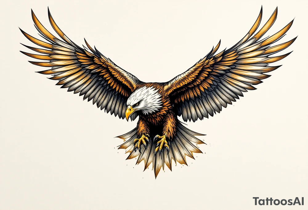 A soaring eagle with its talons extended, wings casting lifelike shadows in rich brown and golden hues. tattoo idea