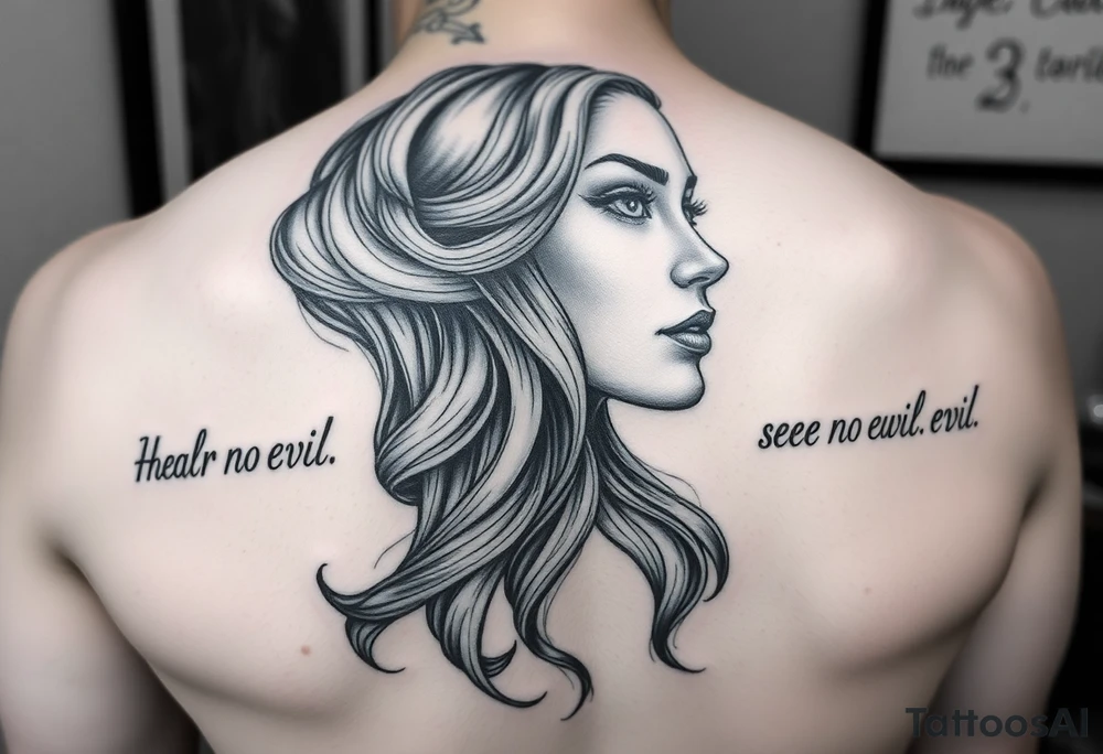 Hear no evil see no evil speak no evil for a tatto with a  women with long waves hair that runs down her face and back as she tells us  hear no evil speak and see no evil tattoo idea
