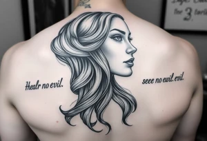 Hear no evil see no evil speak no evil for a tatto with a  women with long waves hair that runs down her face and back as she tells us  hear no evil speak and see no evil tattoo idea