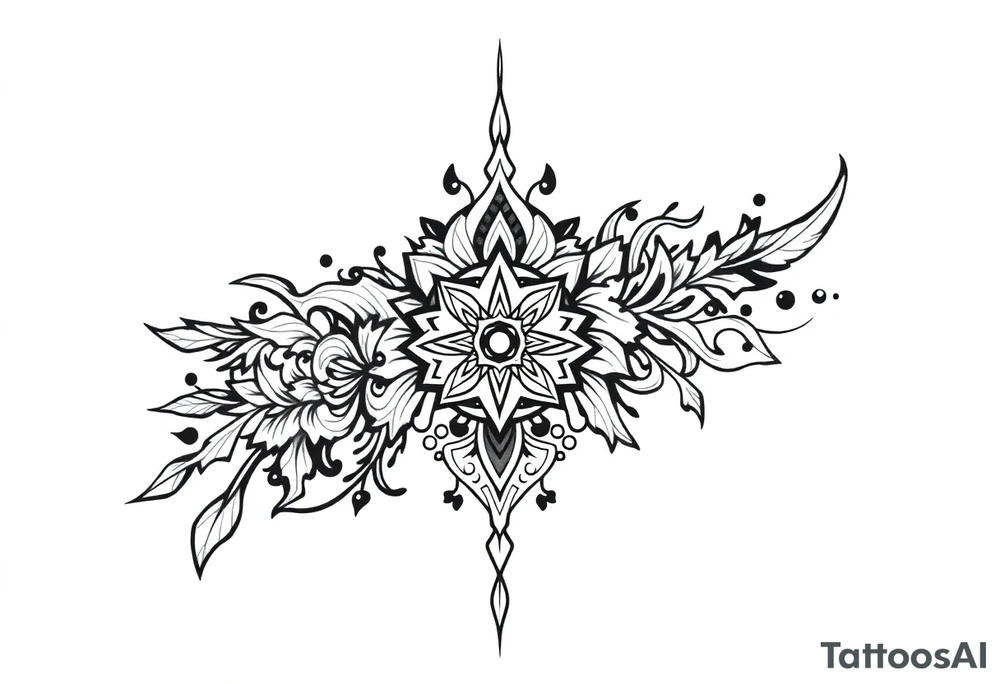 long shaman style mytical bold line with rhyme tattoo idea