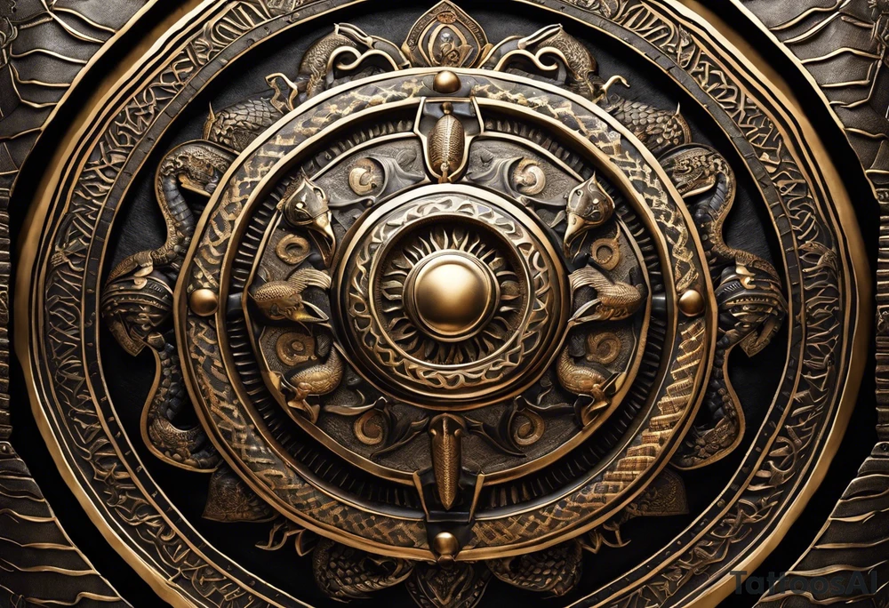 A shield with intricate patterns and engravings, adorned with coiled snakes and scorpions underneath. Rays of light emanate from the shield, signifying spiritual power.Contrast: Bold outlines for the shield and creatures, with detailed patterns.
Detail: Delicately depict the scales of snakes and the segmented bodies of scorpions. tattoo idea