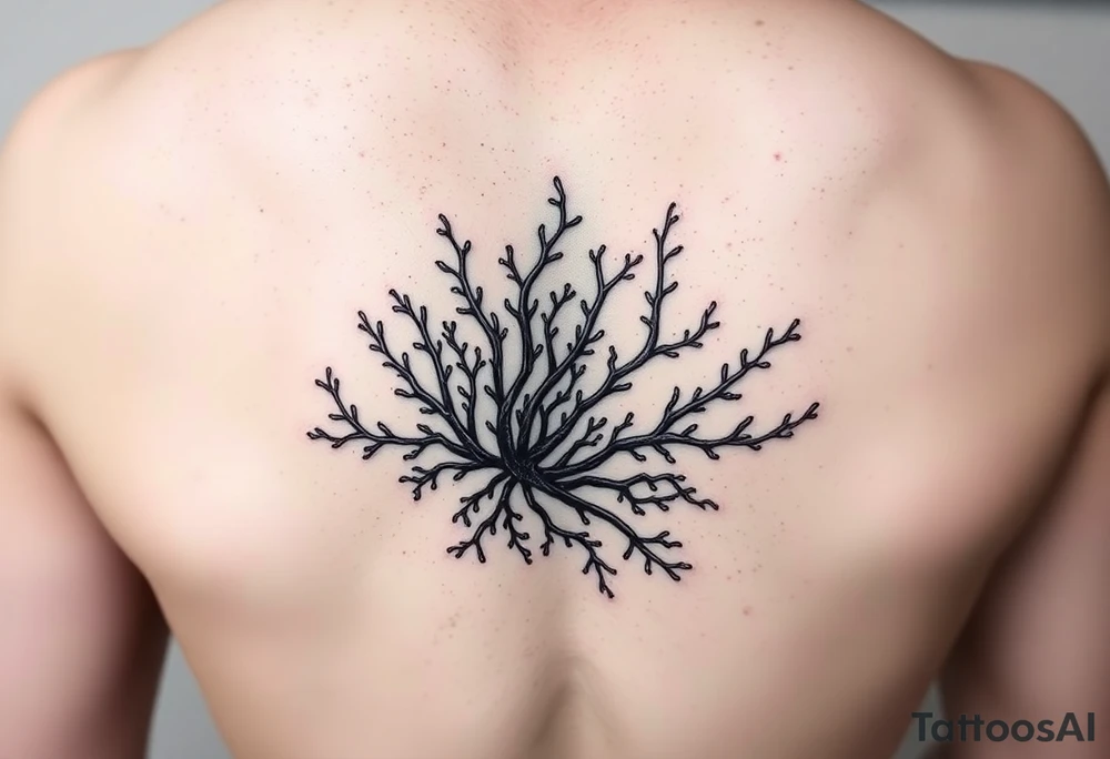 Photorealistic tattoo design of Asparagopsis taxiformis red algae, detailed texture, natural branching pattern, underwater appearance, suitable for calf placement, flowing upward” tattoo idea