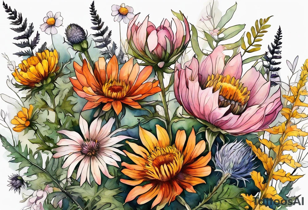 wildflowers with thistles, ferns, burnt orange flower, white flowers, pink flowers, and yellow flowers all in watercolor tattoo idea