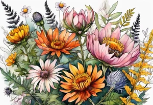 wildflowers with thistles, ferns, burnt orange flower, white flowers, pink flowers, and yellow flowers all in watercolor tattoo idea