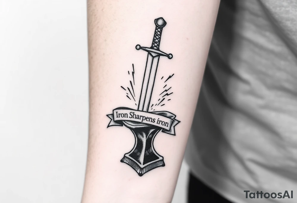 Black ink tattoo sketch of a sword striking an anvil with sparks flying. Banner wrapped around the sword reading “Iron Sharpens Iron.” Forearm tattoo design, bold outlines, no color, hand-drawn sketch style. tattoo idea