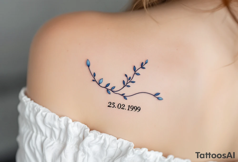 Cursive date 25. 02. 1999 flowing along the spine in cool gray with a hint of icy blue. tattoo idea