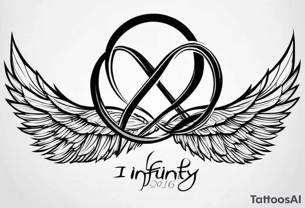 Infinity sign dates January 1, 1959 to February 2, 2016 and angle wings in the background tattoo idea