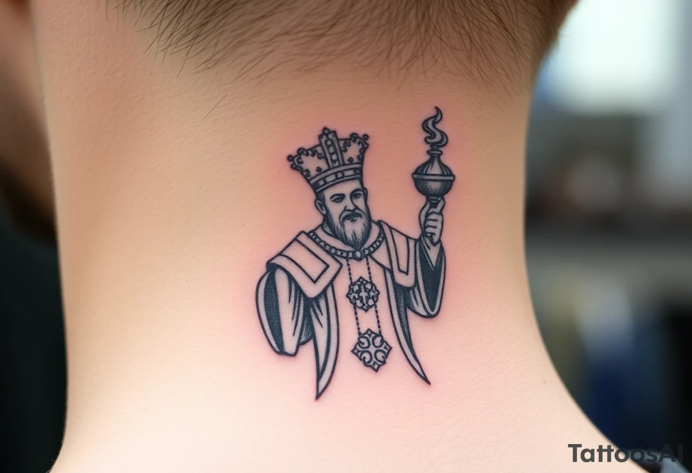 Russian Orthodox Priest in a fully detailed gold vestment swinging a censer with smoke curling upward tattoo idea
