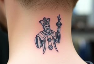 Russian Orthodox Priest in a fully detailed gold vestment swinging a censer with smoke curling upward tattoo idea