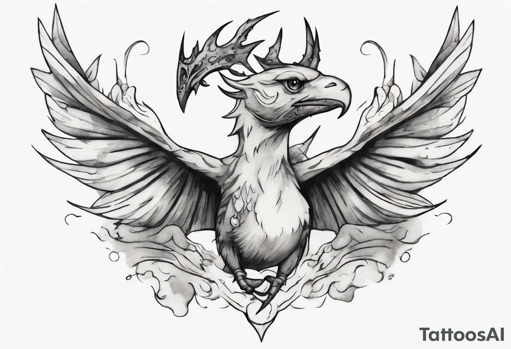 a bird-wyvern hybrid wearing a minimalist crown, flying tattoo idea