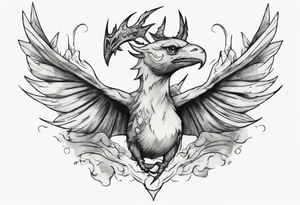 a bird-wyvern hybrid wearing a minimalist crown, flying tattoo idea