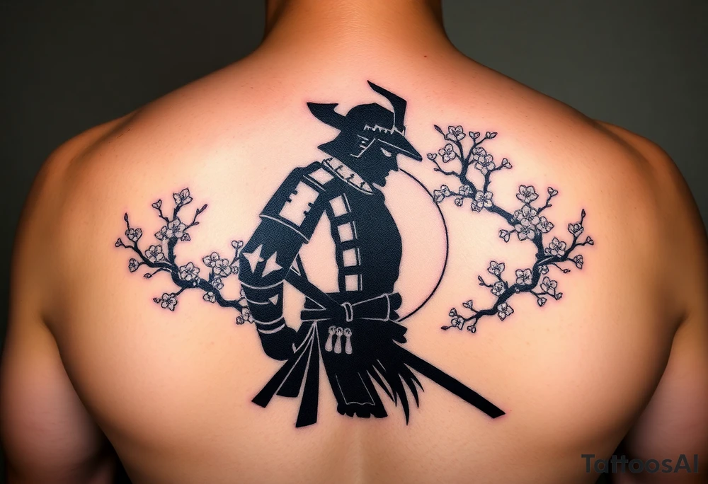 noble samurai warrior silhouette at sunset with cherry blossoms tattoo idea