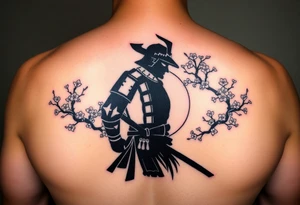noble samurai warrior silhouette at sunset with cherry blossoms tattoo idea