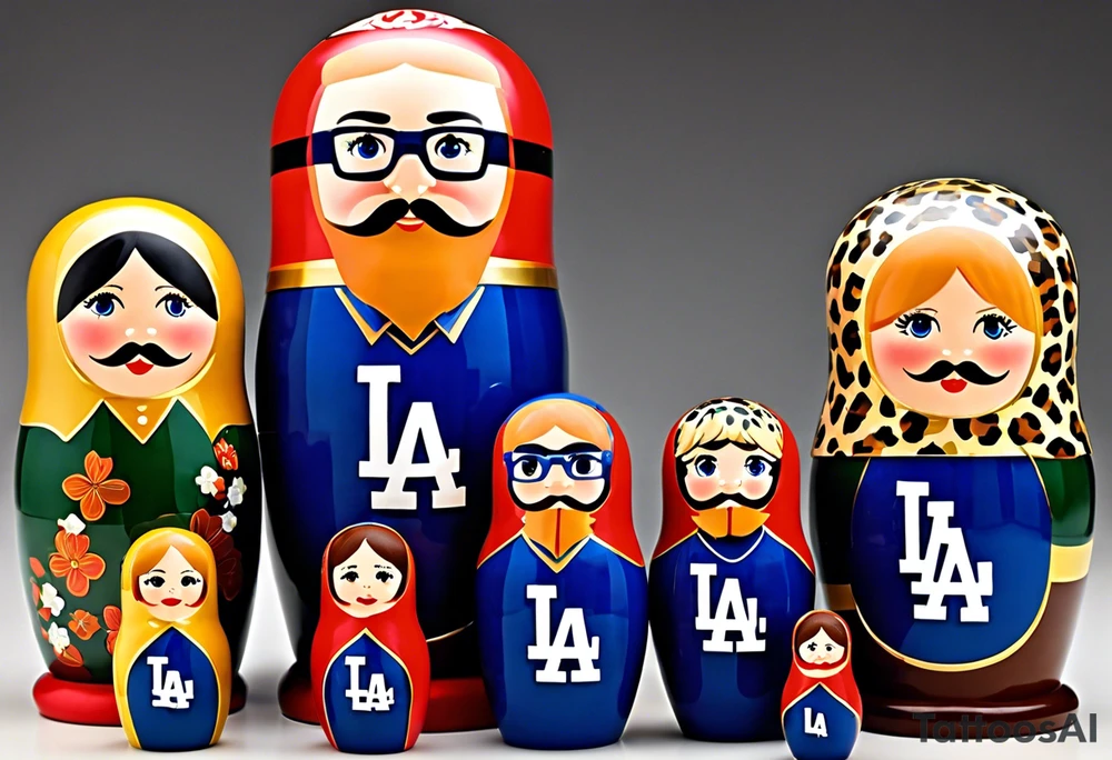 Matryoshka doll family of 4. Each separate doll is designed based on their individual description. Father (biggest doll) has full beard, blue eyes, short brown hair, loves LA Dodgers. Mother (second biggest doll) has blonde bob length hair, no beard, blue eyes, thick rimmed black glasses, loves leopard print. Son is 4 years old, blue eyes, blonde spiky hair, loves Paw Patrol. Daughter is 2 years old, blue eyes, long eyelashes, short light brown bob, loves Bluey. tattoo idea